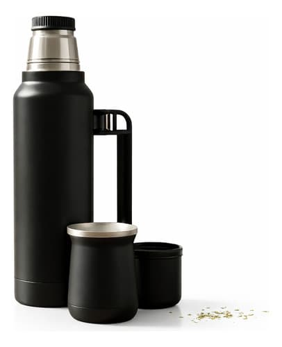 Set Matero Termo Manija 1300ml + Mate 180ml Acero Inoxidable Negro